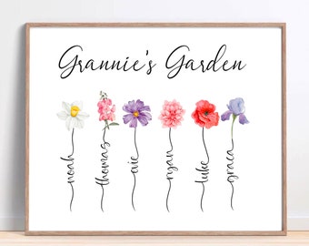 Personalized Family Flower Name, Family Bouquet, Custom Fathers Day Print, Mother Day gift, Watercolor Birth Month Flower, Grandmas Garden