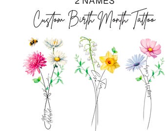 Two Names Custom Birth Flower Tattoo Design, Customized Floral Tattoo With Two Names, Personalised Tattoo Ticket, Bouquet Style Name Stem
