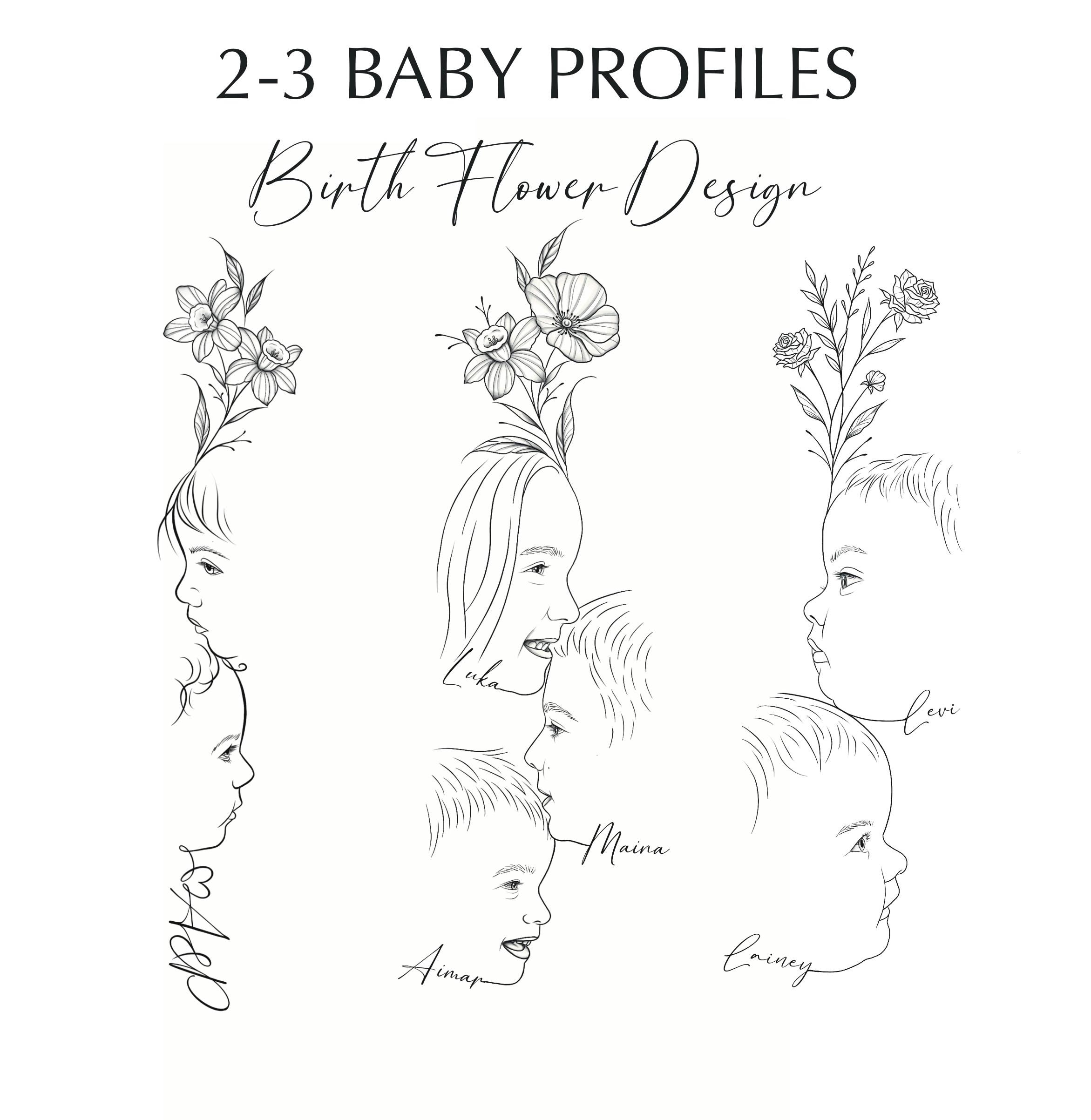 Personalized Linear Tattoo with Birth Flower, Baby Footprint, and Face - Custom Design