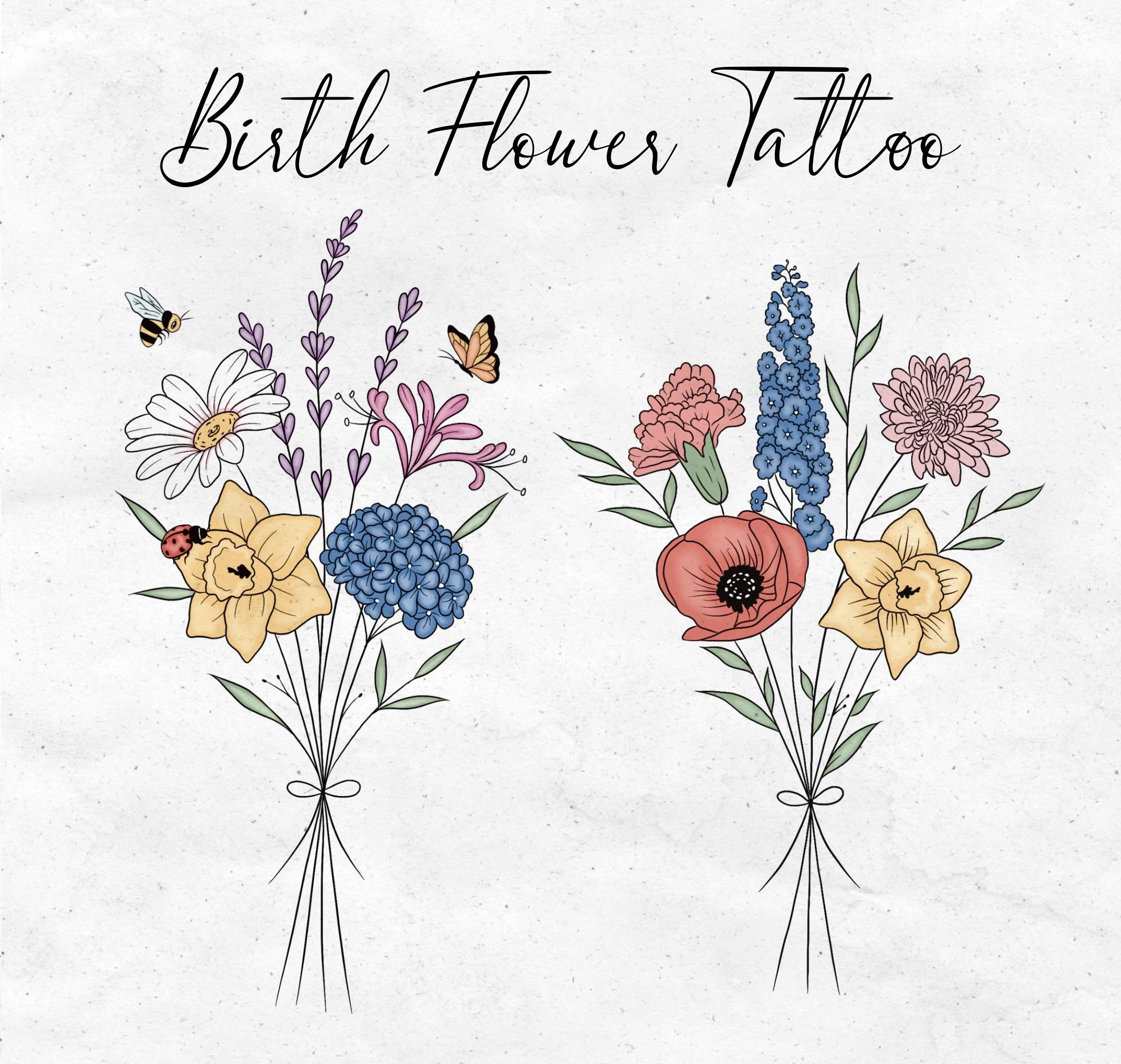 家族の誕生花ブーケタトゥーデザイン 誕生花アレンジメント 誕生月の花のタトゥー ギフト - Etsy 日本