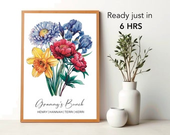 Family Birth Flower Bouquet, Birth Month Wall Art, Personalized Mother's Day Gift, Watercolor Flower, Grandma's Garden, Digital Print