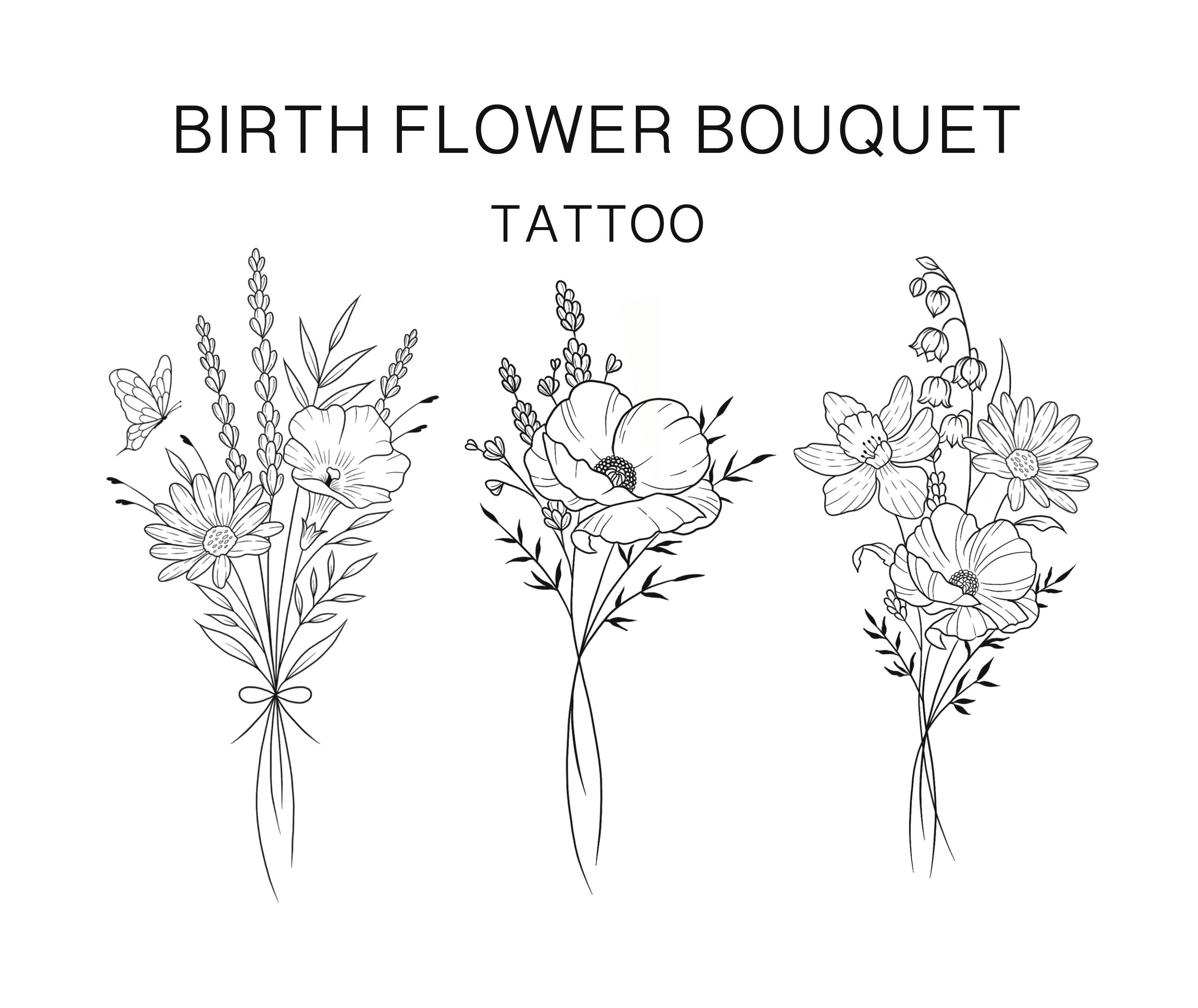 Custom Birth Flower Tattoo Bouquet (Up to 8 flowers) Family Birth Month Printable, Tattoo design, Tattoo fine line, Month Flowers tattoo