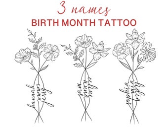 3 Names Birth Month Flowers Tattoo Art , Custom Name Design , Line Art Birth Flower Tattoo Design, Couple Family Personalized Tattoo Design