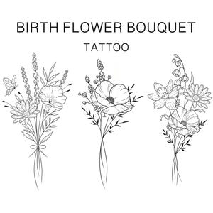 Up to 7 Flowers, Custom Birth Flower Tattoo Design, Personalized Floral Bouquet Tattoo, Birth month floral line art print, Digital PNG