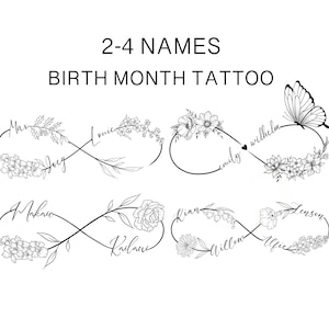 Tatuaggio personalizzato con fiori del mese di nascita, design infinito, bellissimo tatuaggio, 2-4 nomi, fiore con nome per bambini, regalo personalizzato per la famiglia di coppia