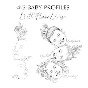 4-5 Baby Side Profile,Birth Flower Name Minimal Tattoo Design,Birth Flower Portraits Mother and Child Minimalist Flower Design, up to 4