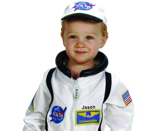 Personalised NASA Astronaut Costume with Cap-In White & Orange-NASA Logo-USA Flag- Space Shuttle and Commander Patch-Realistic