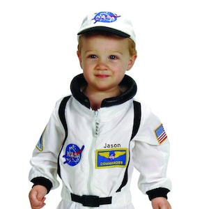 Personalised NASA Astronaut Costume with Cap-In White & Orange-NASA Logo-USA Flag Space Shuttle and Commander Patch-Realistic White
