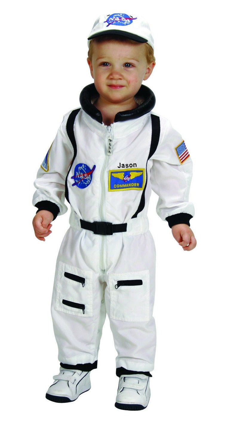 Personalised NASA Astronaut Costume with Cap-In White & Orange-NASA Logo-USA Flag Space Shuttle and Commander Patch-Realistic White