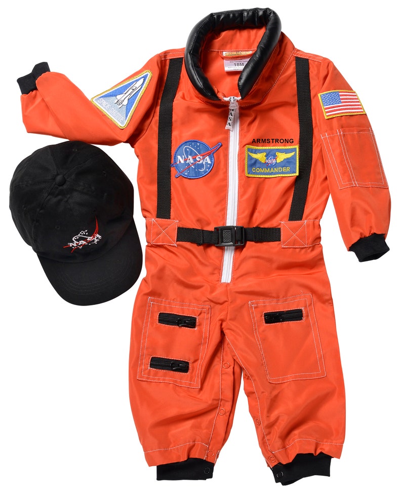 Personalised NASA Astronaut Costume with Cap-In White & Orange-NASA Logo-USA Flag Space Shuttle and Commander Patch-Realistic image 7