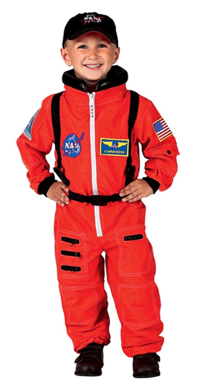 Personalised NASA Astronaut Costume with Cap-In White & Orange-NASA Logo-USA Flag Space Shuttle and Commander Patch-Realistic Orange