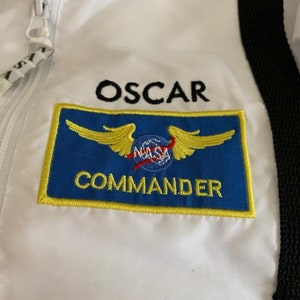 Personalised NASA Astronaut Costume with Cap-In White & Orange-NASA Logo-USA Flag Space Shuttle and Commander Patch-Realistic image 2