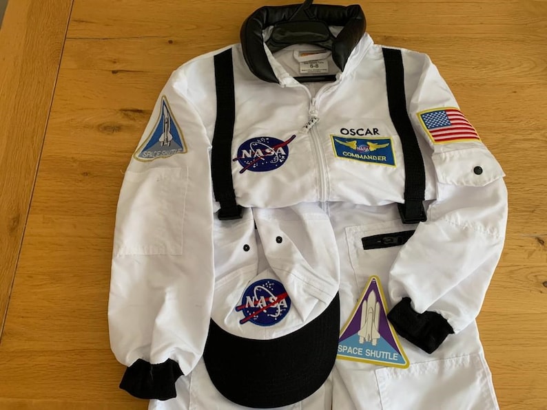 Personalised NASA Astronaut Costume with Cap-In White & Orange-NASA Logo-USA Flag Space Shuttle and Commander Patch-Realistic image 3