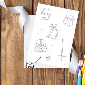 May include: A black and white printable coloring page featuring Star Wars characters, including Darth Vader, a Stormtrooper, a lightsaber, and a droid. The characters are drawn in a simple, minimalist style.