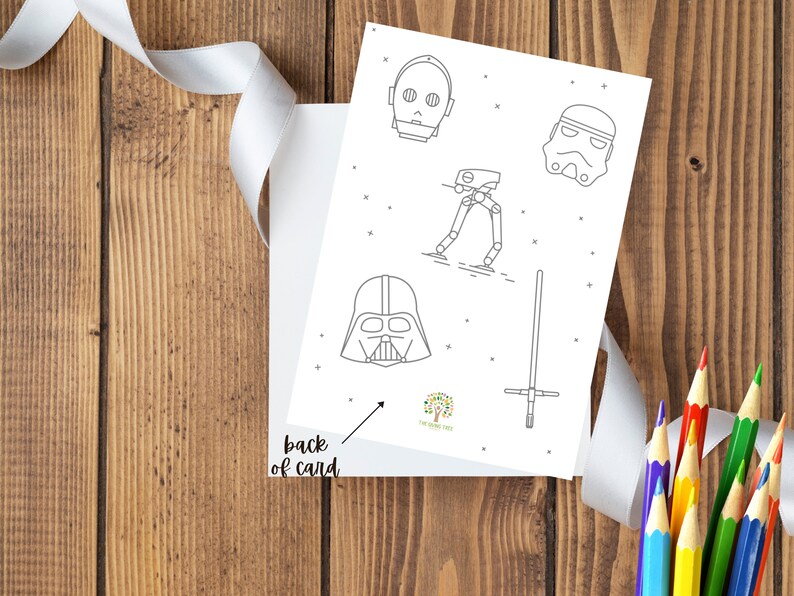 May include: A black and white printable coloring page featuring Star Wars characters, including Darth Vader, a Stormtrooper, a lightsaber, and a droid. The characters are drawn in a simple, minimalist style.