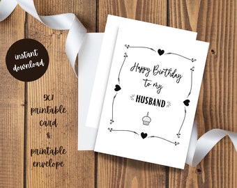 Husband Birthday Printable Greeting Card Black and White with Envelope 5x7 Instant Download