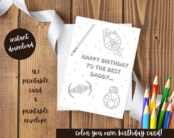 Star Wars Dad Birthday Coloring Card, Color Your Own Card, Printable Craft for Kids, 5x7, Envelope included