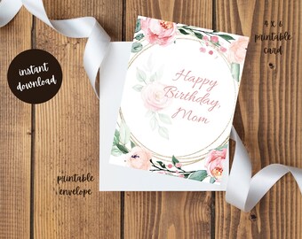 Tarjeta imprimible de cumpleaños de mamá acuarela floral con sobre descarga instantánea