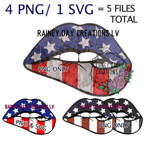 Puede incluir: Un diseño digital de un par de labios con un patrón de bandera estadounidense. El diseño está disponible en formatos PNG y SVG. El texto "PNG ONLY" y "PNG & SVG" está incluido en la imagen.
