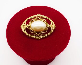 1928 Pearl Cabochon Gold Tone Oval Brooch, Victorian Style,  Vintage 1980s