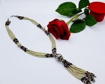 Vintage Afghan Tassel Necklace: Agate, Jade & Coral, 1970s Ethnic Jewelry