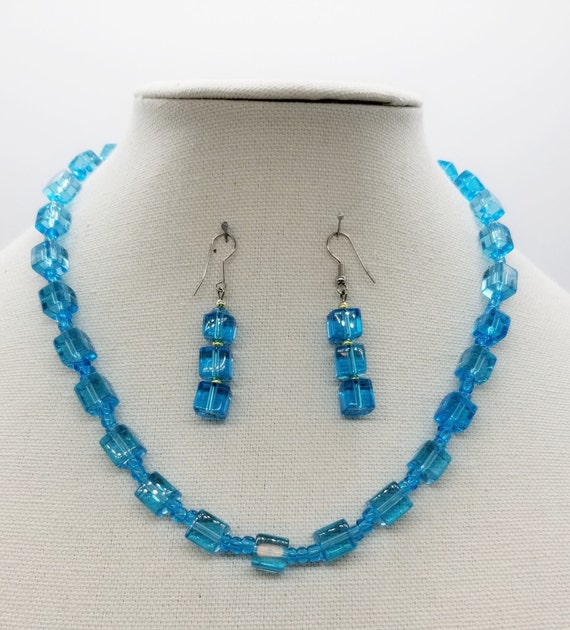 Art Deco Czech Glass Jewelry Set, Square Sky Blue… - image 3