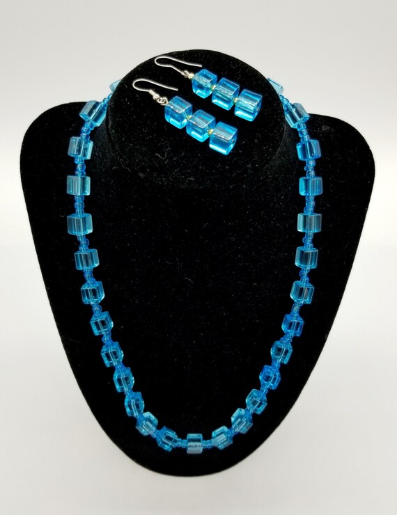 Art Deco Czech Glass Jewelry Set, Square Sky Blue… - image 4