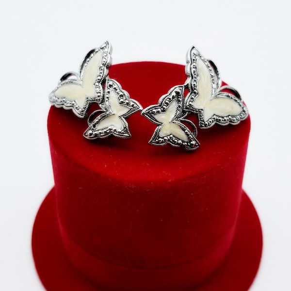AVON Whispering Wings Butterfly Clip on Earrings Enamel Faux Marcasite Silver Tone, Vintage 1990s