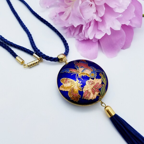 Vintage Blue Cloisonne Tiger Lily Tassel Pendant Necklace