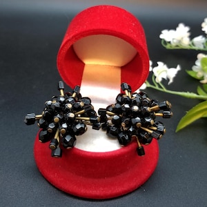 French Jet Black Faceted Glass Bead Cluster Clip on Earrings Vintage 1950s