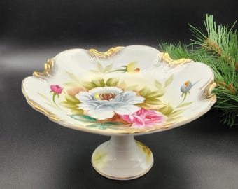 Japan Porzellan Handbemalte Sockel Konfektschale, Kashmir Rose Muster, Vintage 1960er Jahre
