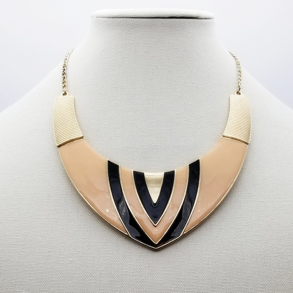 ALDO Beige Enamel Gold Tone Bib Choker Necklace, Cleopatra Style, Vintage 1990s