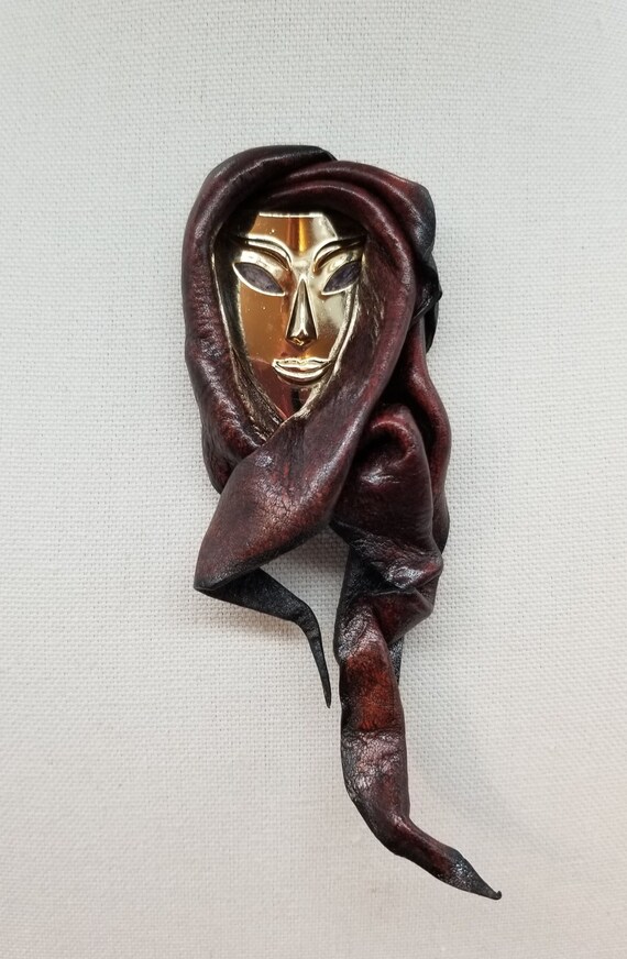 Leather Face Brooch Middle Eastern Woman or Bedou… - image 2