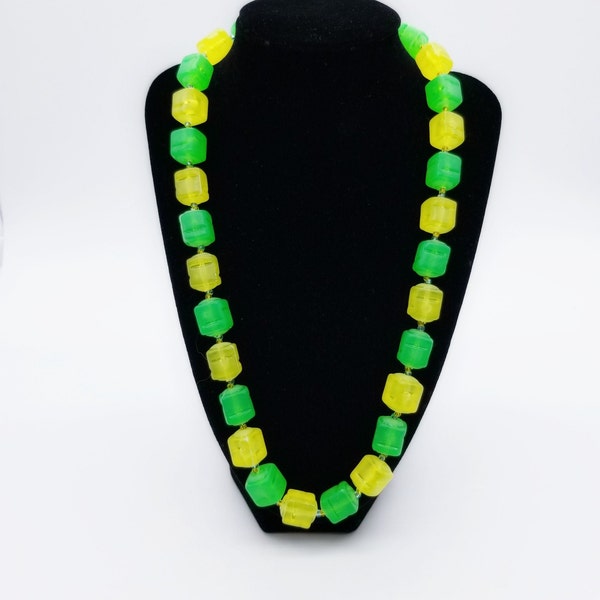 Vintage Frosted Lucite Lime Lemon Green Yellow Bead Necklace, Made in Japan, 1960s
