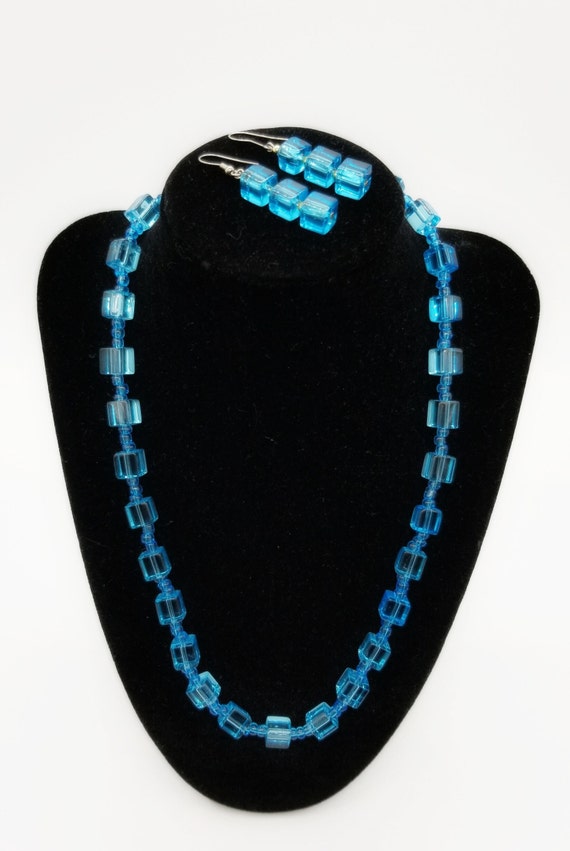 Art Deco Czech Glass Jewelry Set, Square Sky Blue… - image 2