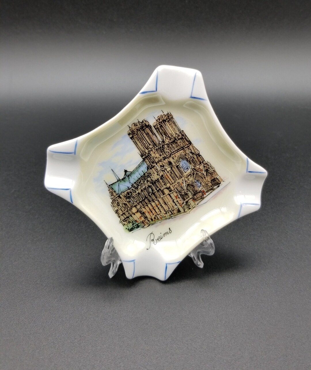 LIMOGES Porcelain Ashtray, Souvenir Reims, Marked Limoges France