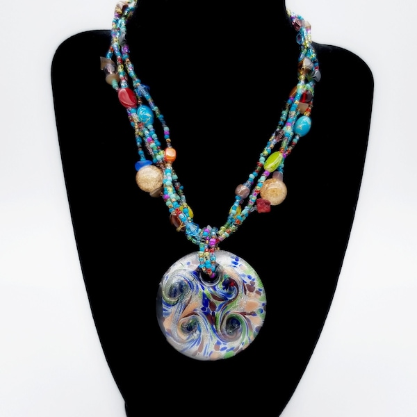 Murano Style Dichroic Glass Pendant Five Strands Multicolor Beaded Necklace, Vintage 1990s