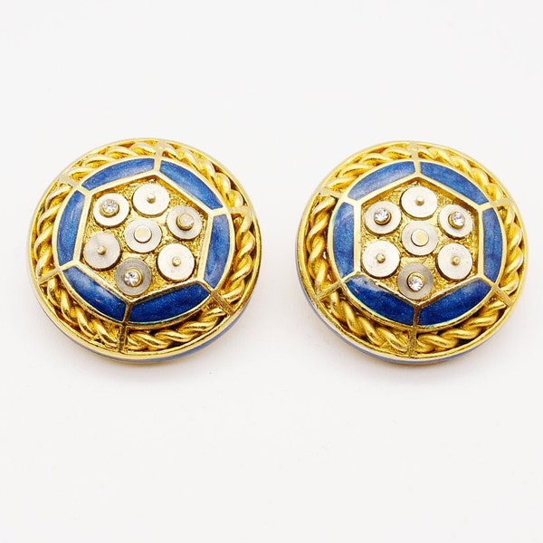 ORENA PARIS Gold Plated Blue Enamel Round Clip-on Earrings, pat. 2733491, Art Deco Style, Vintage 1980s