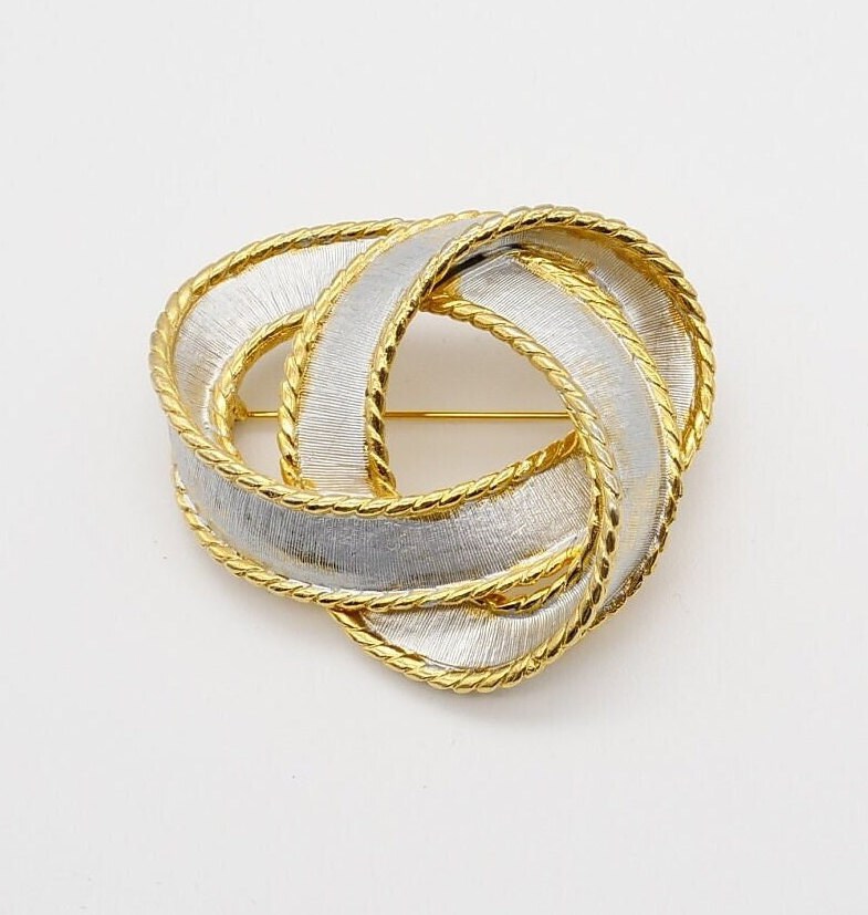 Textured Twisted Love Knot Brooch Pin in Gold and Silver Tone, Vintage 1970s