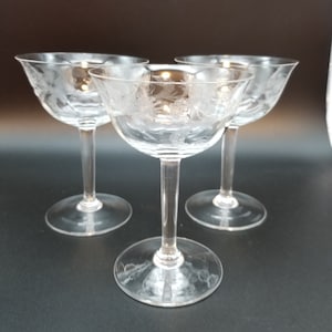 Floral Etched Crystal Champagne Glasses, Set of 3, Hand Blown, Vintage 1970s
