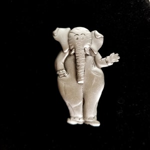 JJ Jonette Jewelry Elephant Pewter Brooch Pin, Vintage 1980s, Signed