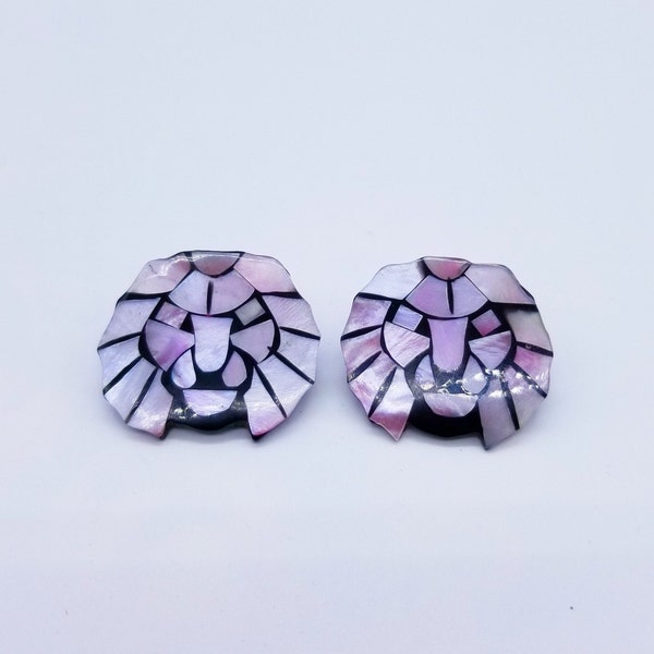 LEE SANDS Lion Earrings, Mosaic Polished Pink Mother of Pearl or Pink Abalone Shell on Black Resin, Vintage 1980s