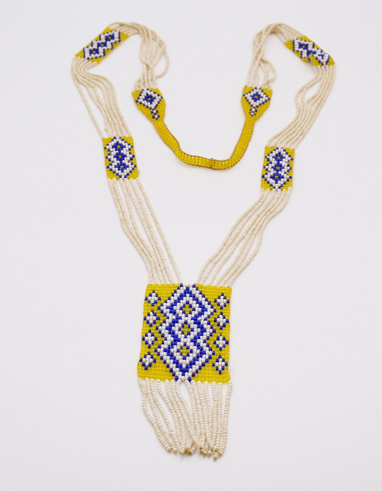 Collier Torsadé Vintage Perles De Rocaille Blanc Nacré Et Bleu - Bon état - Fils Nylon