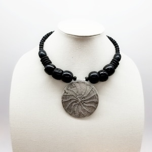 Vintage Bone Carved Bead Pewter Medallion Choker Necklace, Modernist, Designer Piece, Boho Style, 1980s