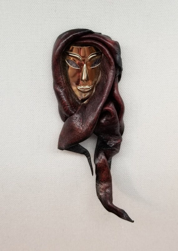 Leather Face Brooch Middle Eastern Woman or Bedou… - image 5