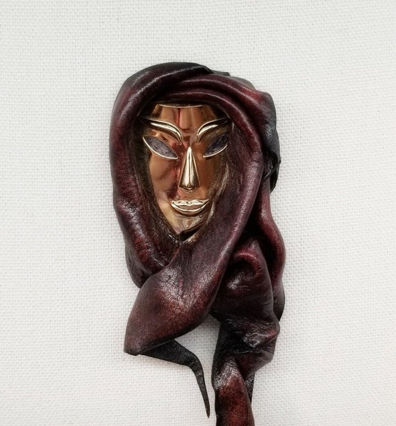 Leather Face Brooch Middle Eastern Woman or Bedou… - image 1