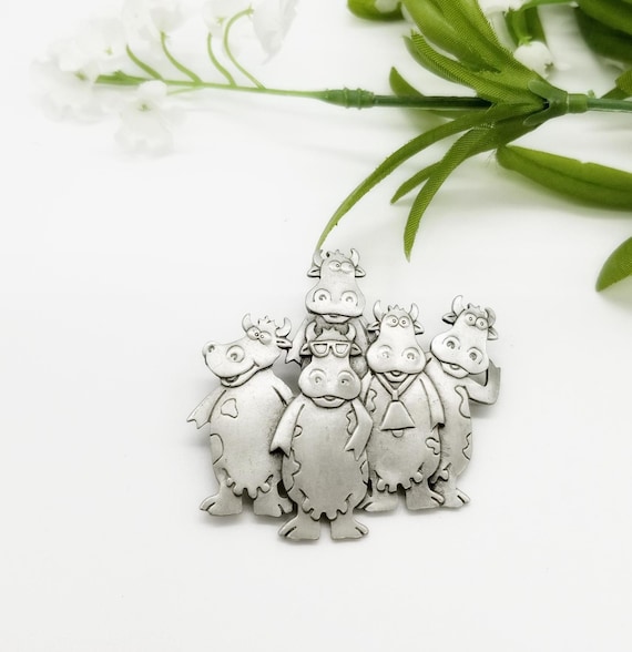 Vintage JJ Jonette Pewter Cows Brooch, Whimsical Figural Waving Happy Farm, 1988