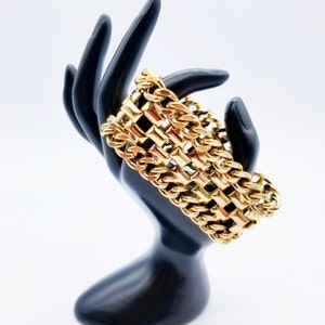 Brutal Wide Gold Tone Book Chain Link Bracelet, Brutalist Style, Vintage 1980s