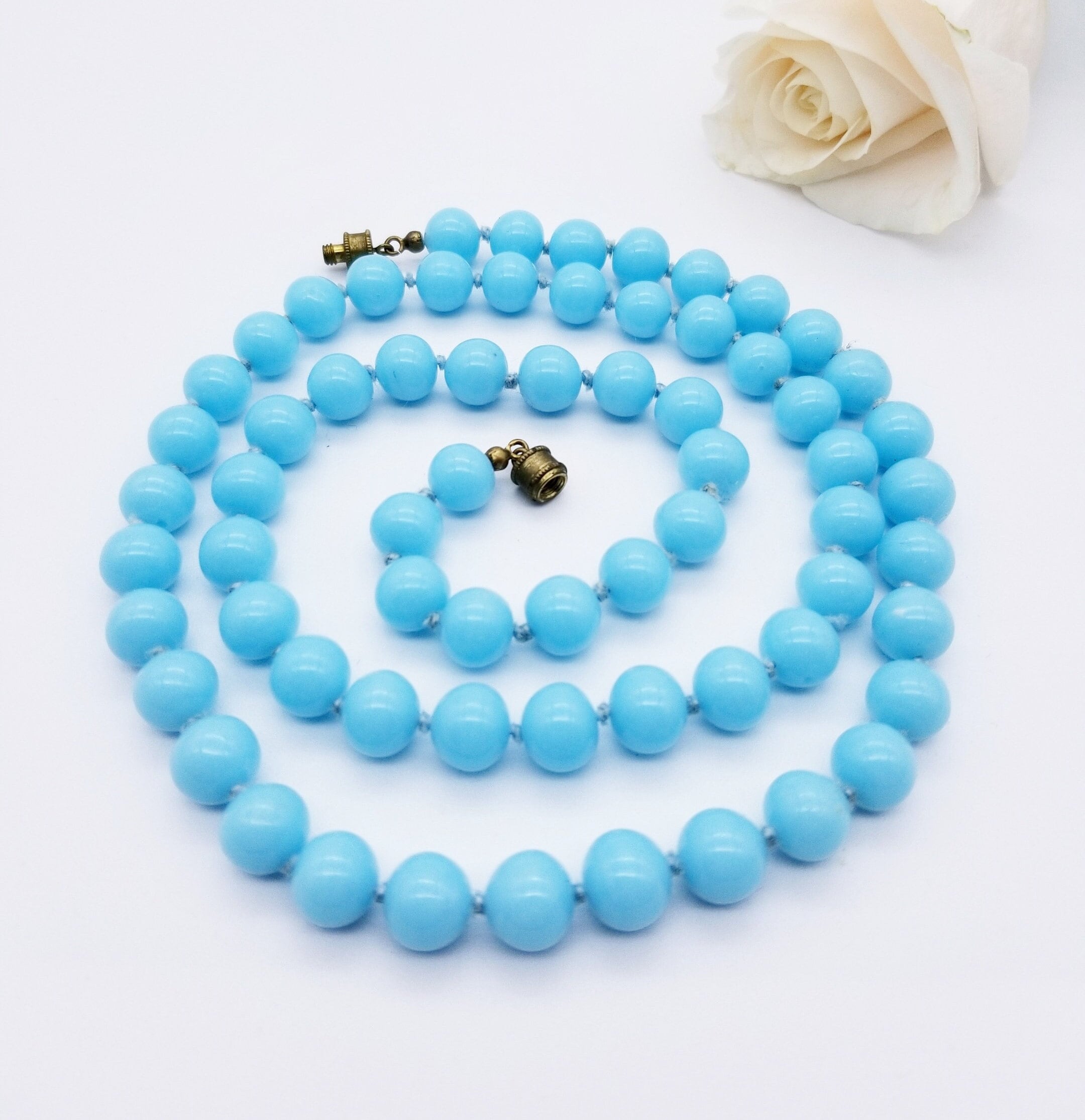 Collier Ancien Perles Verre Bleu Cristal Bohème – Vintage, Style Rétro