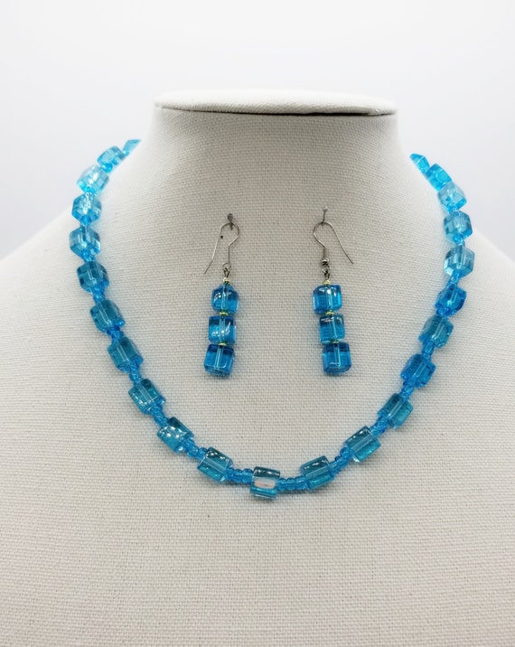 Art Deco Czech Glass Jewelry Set, Square Sky Blue… - image 1